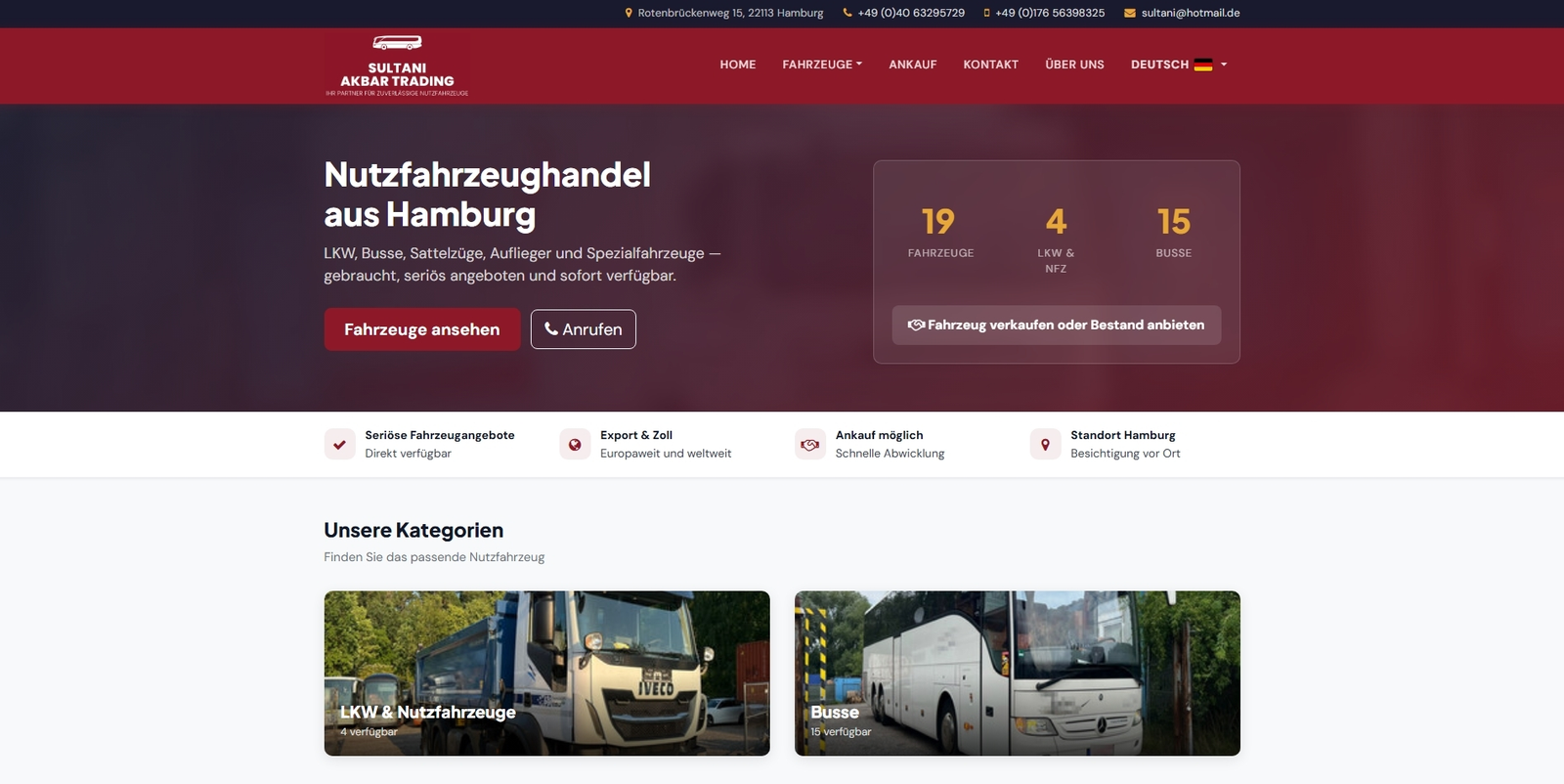 Startseite von sultani.de mit Fahrzeugkategorien und Kontaktleiste